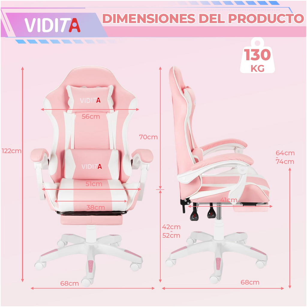 VIDITA｜Silla gamer color rosa con reposapiés extensible y soporte lumbar, silla gaming ergonómica reclinable equipada con almohadillas cervical y lumbar regulables, asiento cómodo para PC apto tanto para mujer como para hombre.