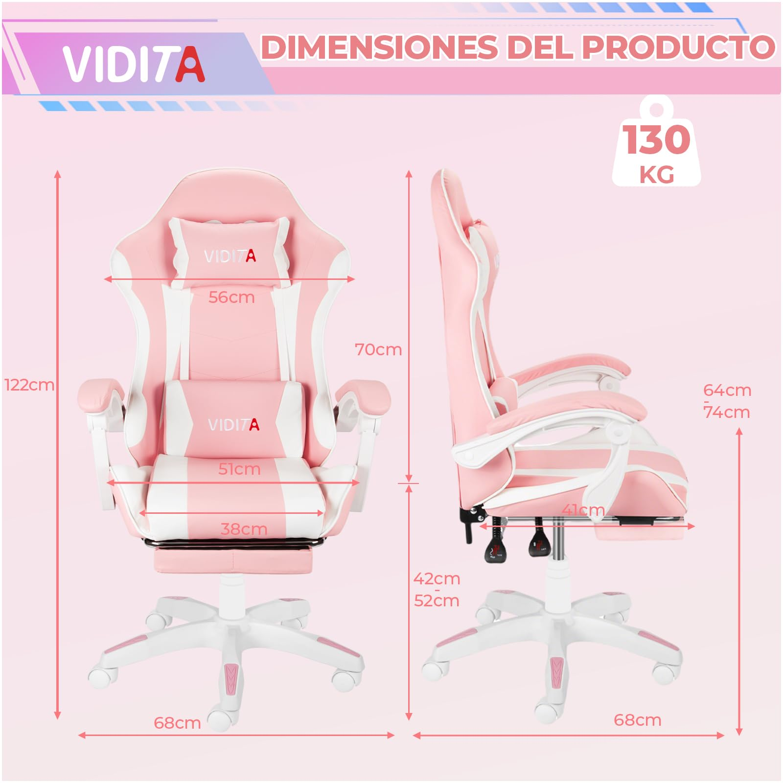 VIDITA｜Silla gamer color rosa con reposapiés extensible y soporte lumbar, silla gaming ergonómica reclinable equipada con almohadillas cervical y lumbar regulables, asiento cómodo para PC apto tanto para mujer como para hombre.