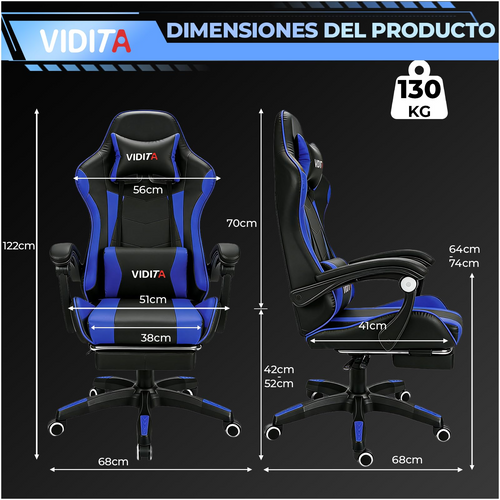 VIDITA Silla Gamer Ergonómica de Cuero PU de Alta Calidad, Reclinable 90‑135°, Soporta hasta 130 kg, Reposapiés Retráctil, Soporte para Cuello y Espalda, Ideal para Streaming, Hogar y Trabajo
