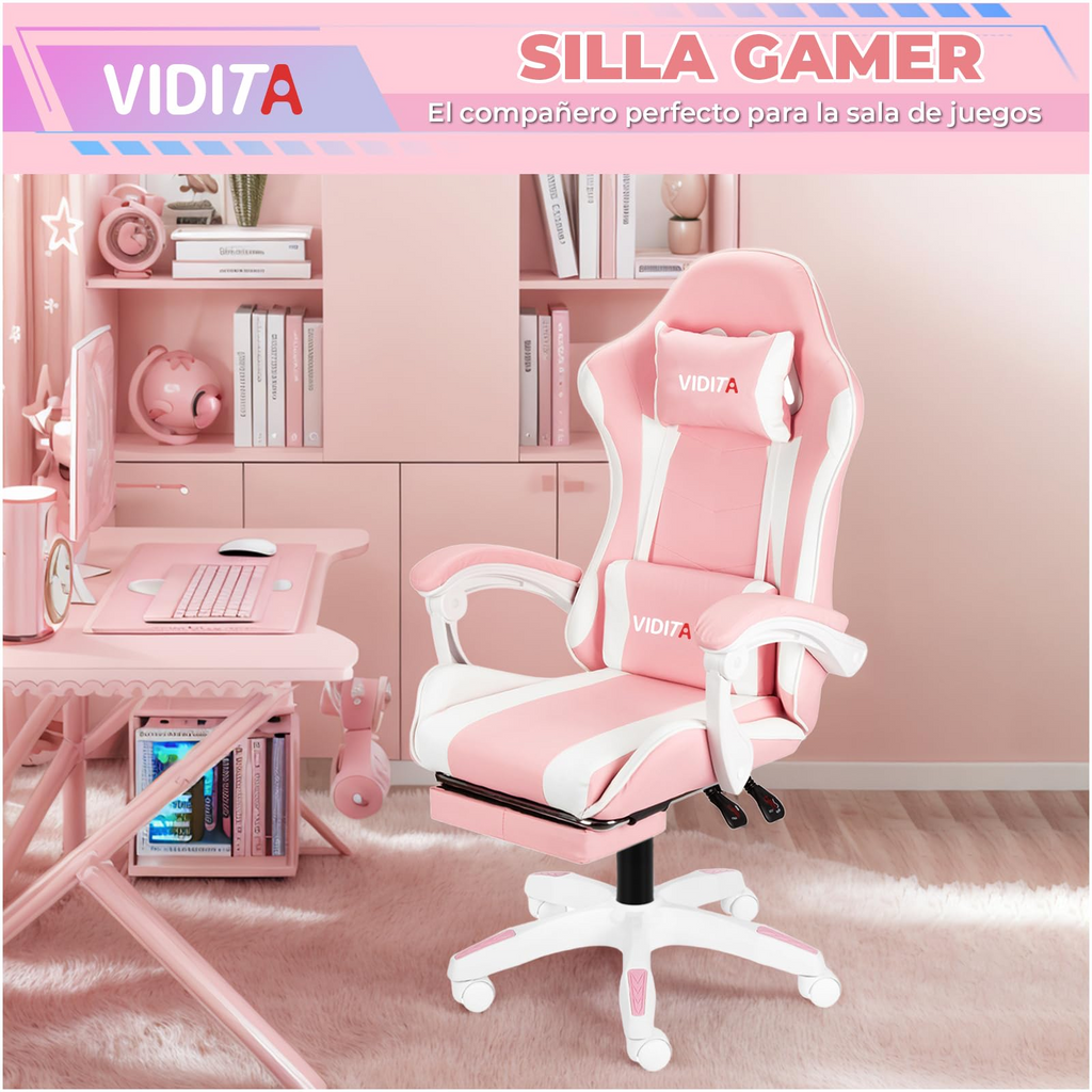 VIDITA｜Silla gamer color rosa con reposapiés extensible y soporte lumbar, silla gaming ergonómica reclinable equipada con almohadillas cervical y lumbar regulables, asiento cómodo para PC apto tanto para mujer como para hombre.