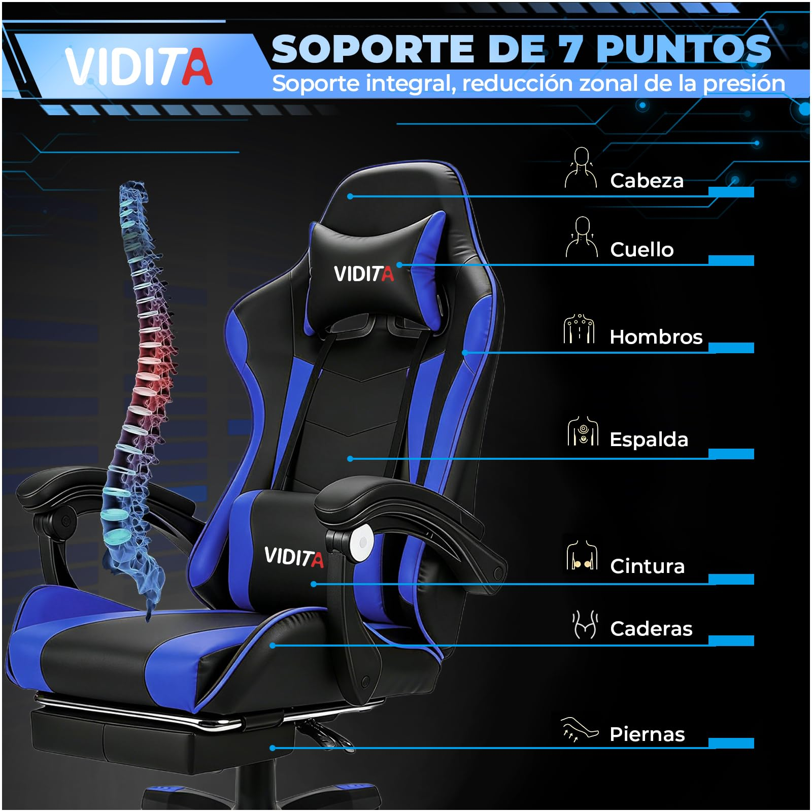 VIDITA Silla Gamer Ergonómica de Cuero PU de Alta Calidad, Reclinable 90‑135°, Soporta hasta 130 kg, Reposapiés Retráctil, Soporte para Cuello y Espalda, Ideal para Streaming, Hogar y Trabajo