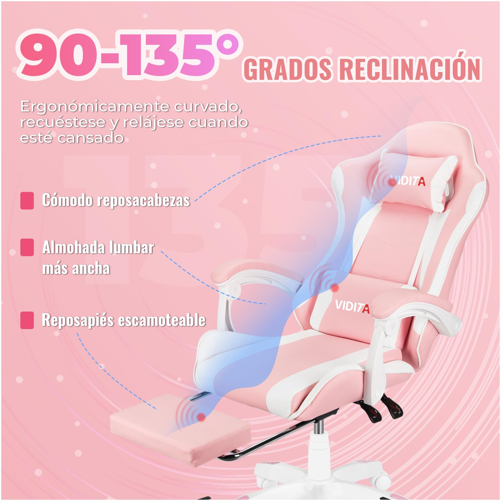 VIDITA｜Silla gamer color rosa con reposapiés extensible y soporte lumbar, silla gaming ergonómica reclinable equipada con almohadillas cervical y lumbar regulables, asiento cómodo para PC apto tanto para mujer como para hombre.