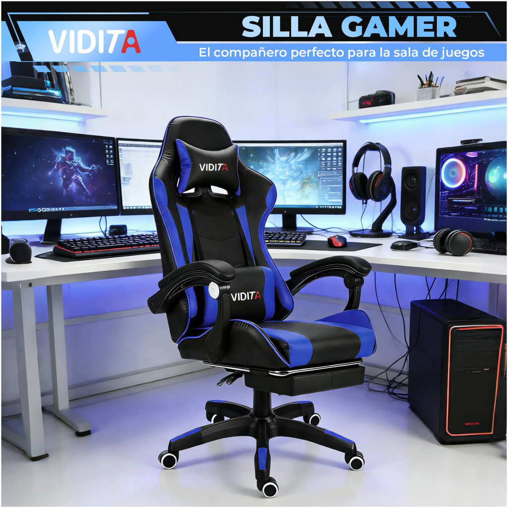 VIDITA Silla Gamer Ergonómica de Cuero PU de Alta Calidad, Reclinable 90‑135°, Soporta hasta 130 kg, Reposapiés Retráctil, Soporte para Cuello y Espalda, Ideal para Streaming, Hogar y Trabajo