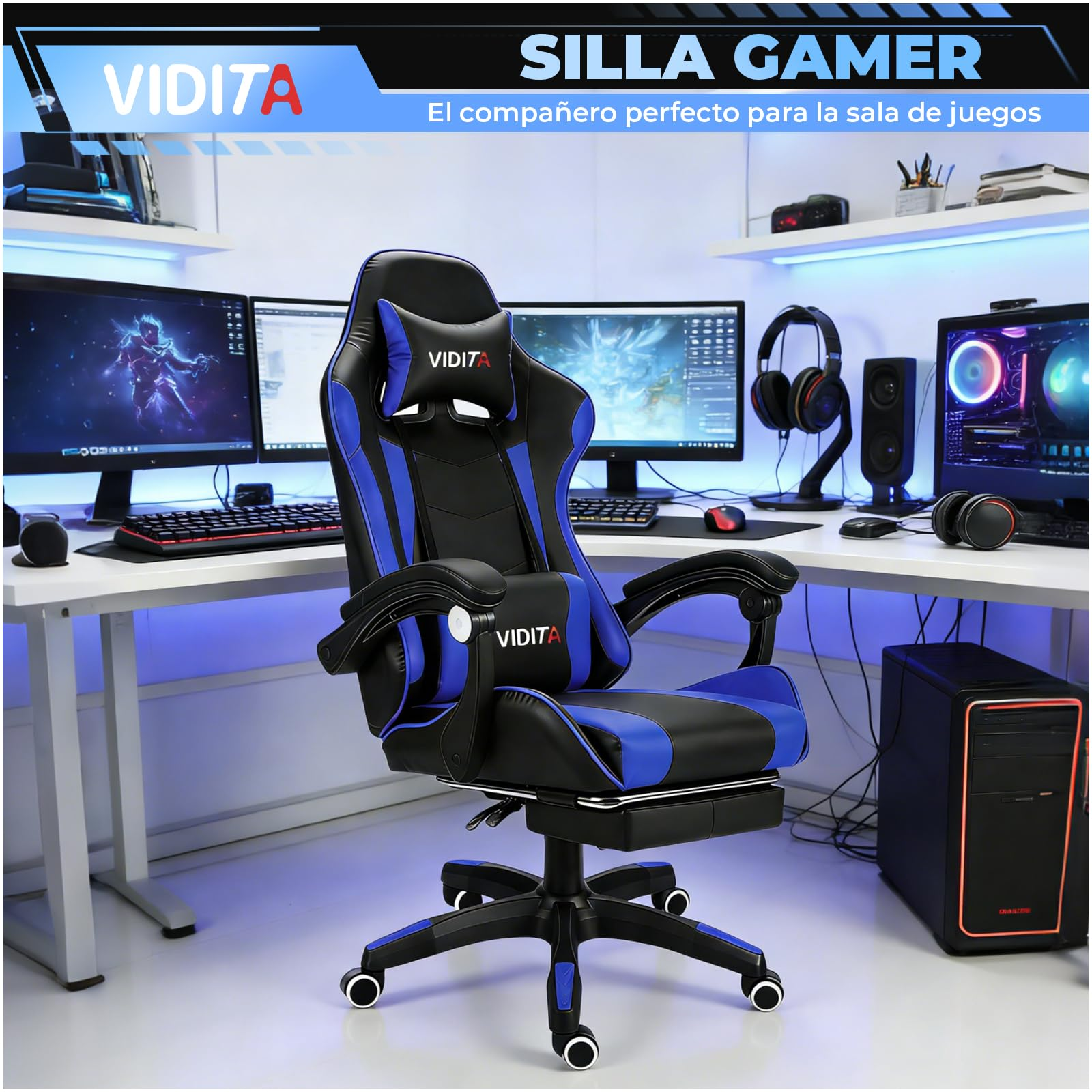 VIDITA Silla Gamer Ergonómica de Cuero PU de Alta Calidad, Reclinable 90‑135°, Soporta hasta 130 kg, Reposapiés Retráctil, Soporte para Cuello y Espalda, Ideal para Streaming, Hogar y Trabajo