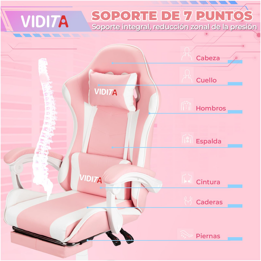 VIDITA｜Silla gamer color rosa con reposapiés extensible y soporte lumbar, silla gaming ergonómica reclinable equipada con almohadillas cervical y lumbar regulables, asiento cómodo para PC apto tanto para mujer como para hombre.