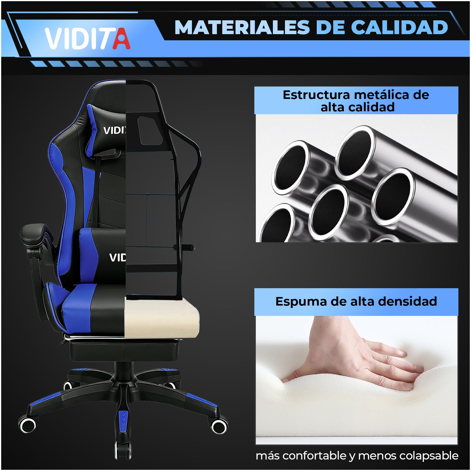 VIDITA Silla Gamer Ergonómica de Cuero PU de Alta Calidad, Reclinable 90‑135°, Soporta hasta 130 kg, Reposapiés Retráctil, Soporte para Cuello y Espalda, Ideal para Streaming, Hogar y Trabajo