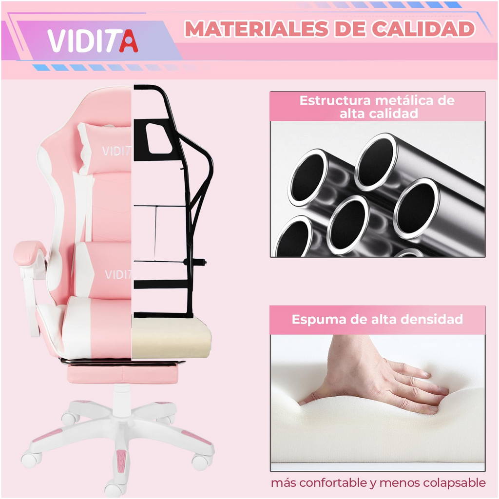 VIDITA｜Silla gamer color rosa con reposapiés extensible y soporte lumbar, silla gaming ergonómica reclinable equipada con almohadillas cervical y lumbar regulables, asiento cómodo para PC apto tanto para mujer como para hombre.
