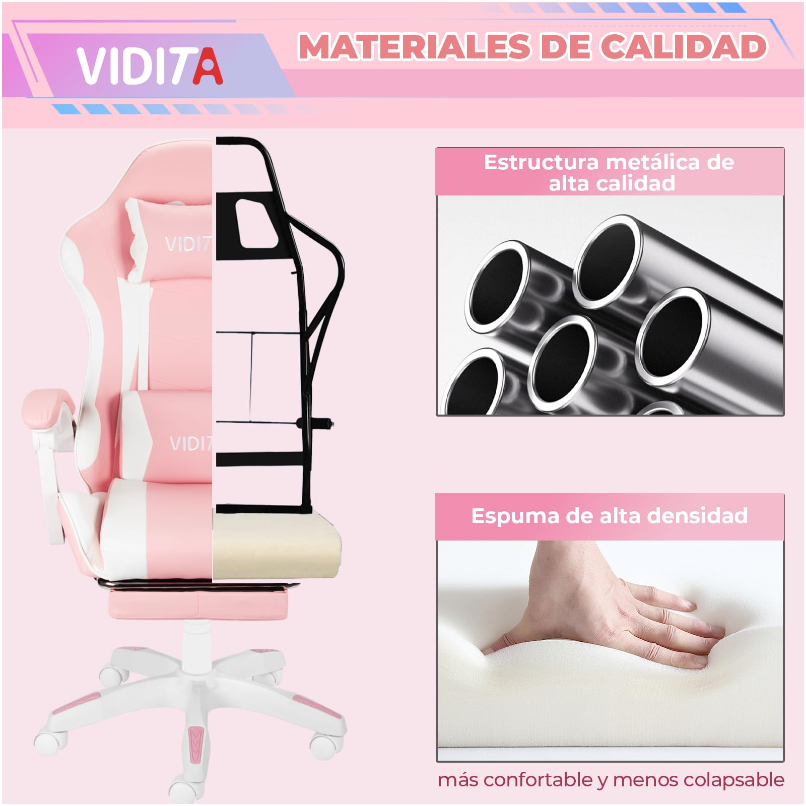 VIDITA｜Silla gamer color rosa con reposapiés extensible y soporte lumbar, silla gaming ergonómica reclinable equipada con almohadillas cervical y lumbar regulables, asiento cómodo para PC apto tanto para mujer como para hombre.