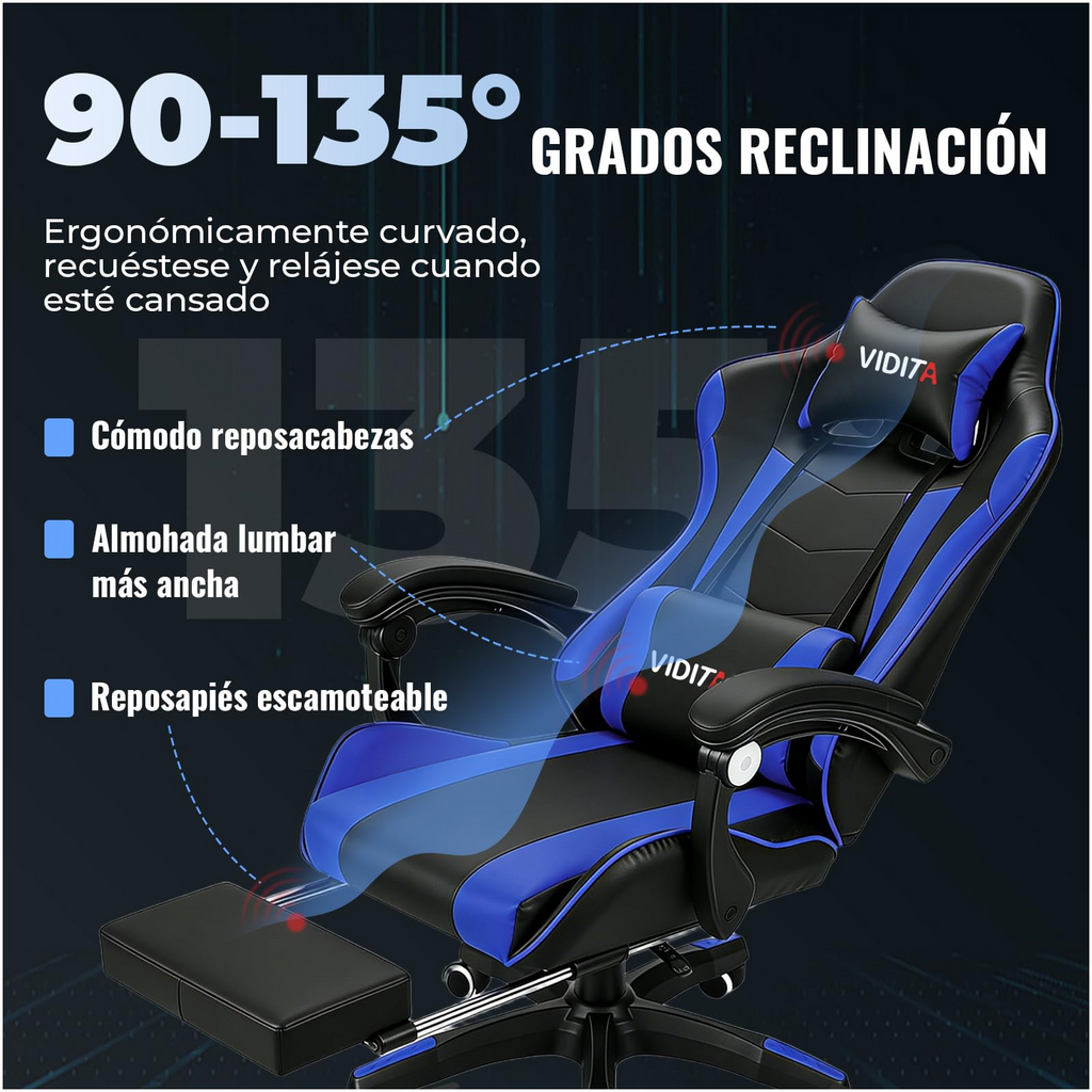 VIDITA Silla Gamer Ergonómica de Cuero PU de Alta Calidad, Reclinable 90‑135°, Soporta hasta 130 kg, Reposapiés Retráctil, Soporte para Cuello y Espalda, Ideal para Streaming, Hogar y Trabajo