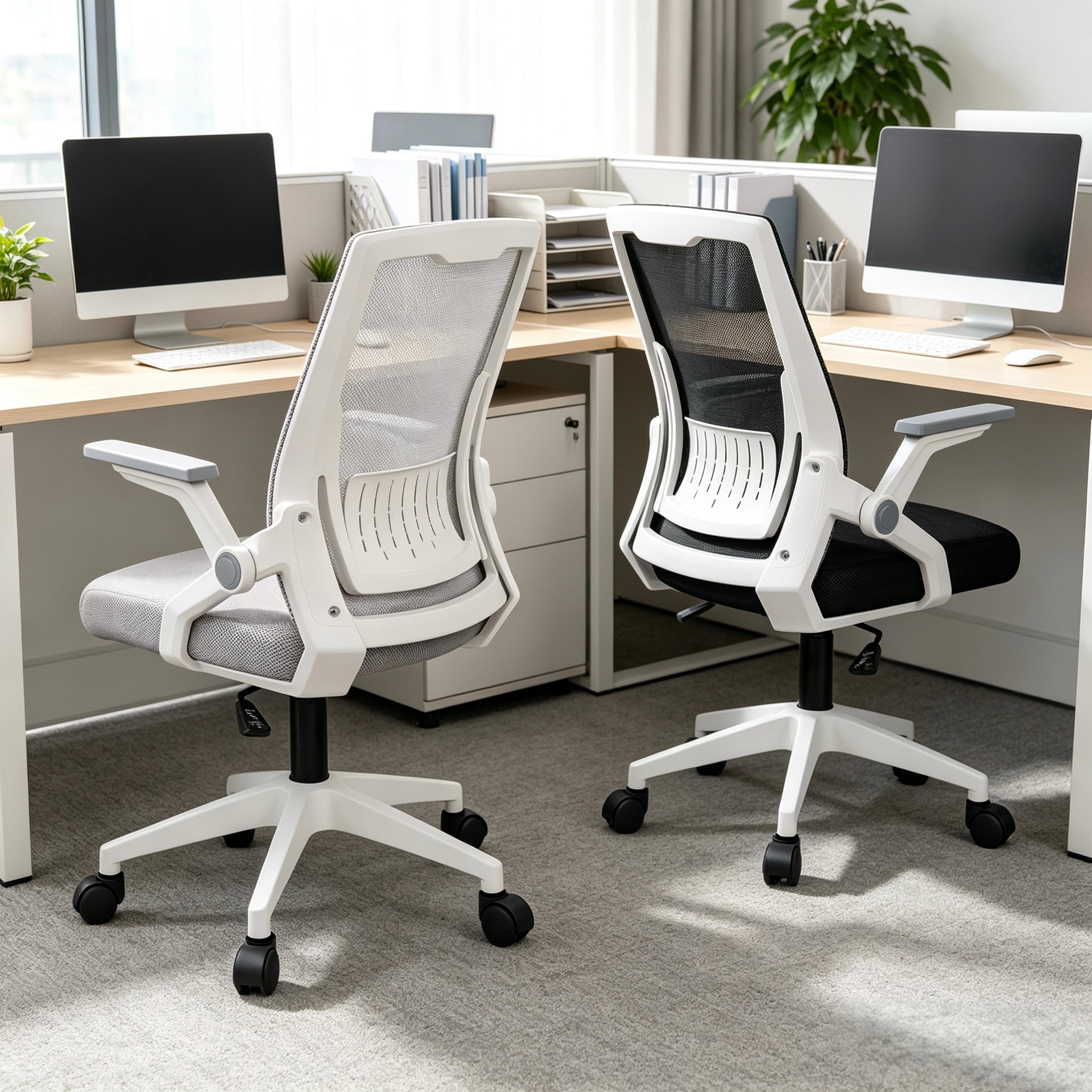 Silla de oficina ergonomica con Respaldo de Malla Transpirable Color Gris | Reposabrazos ajustables, cojín del asiento relleno de látex,sillas para escritorio para el hogar Home Office