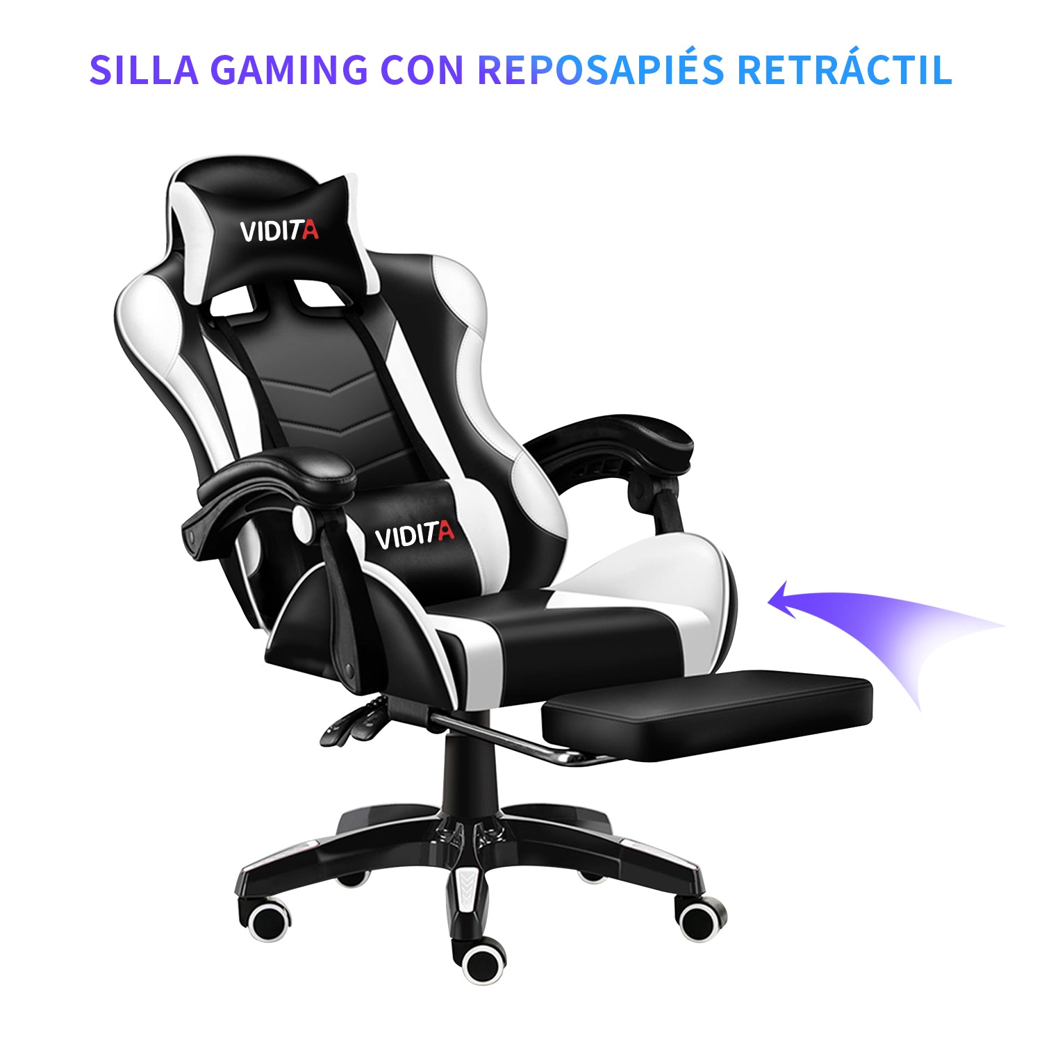 VIDITA | Silla de juego en blanco y negro con pedal telescópico y soporte lumbar, sillón ergonómico ajustable con reposapiés y cojín cervical y espalda lumbar regulables, con asiento cómodo ideal para el uso frente a la computadora.