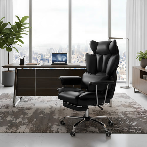 Silla ejecutiva para Oficina con reposapiés Cuero Premium Negro | Inclinación 135°,Gira 360°, soporta hasta 150 kg y está fabricado en cuero sintético resistente y fácil de limpiar