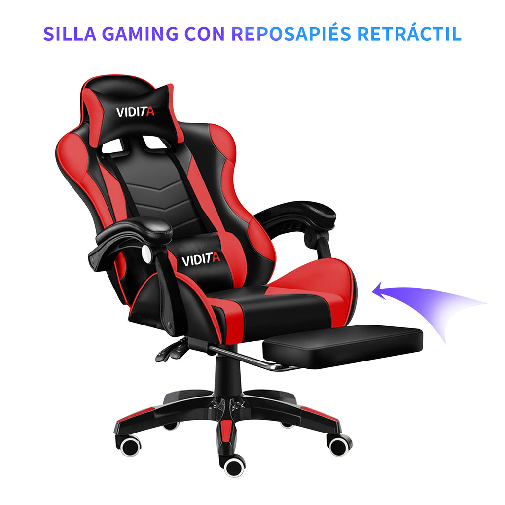 VIDITA | Silla ergonómica ajustable para juegos, con soporte lumbar, soporte de piernas y respaldo, manijas interconectadas, inclinación máxima de 135 grados en posición supina, adecuada para oficinas y juegos.
