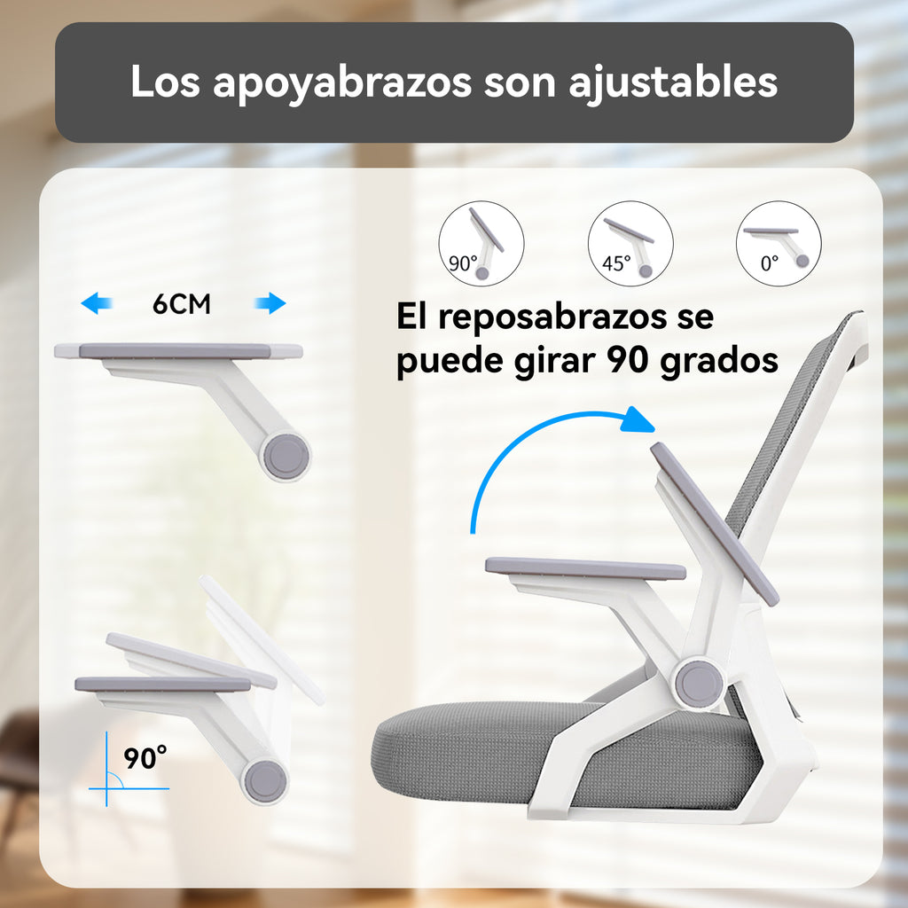 Silla de Oficina Ergonómica de Malla Transpirable, Silla de Escritorio Ajustable con Reposabrazos para Home Office, Color Gris