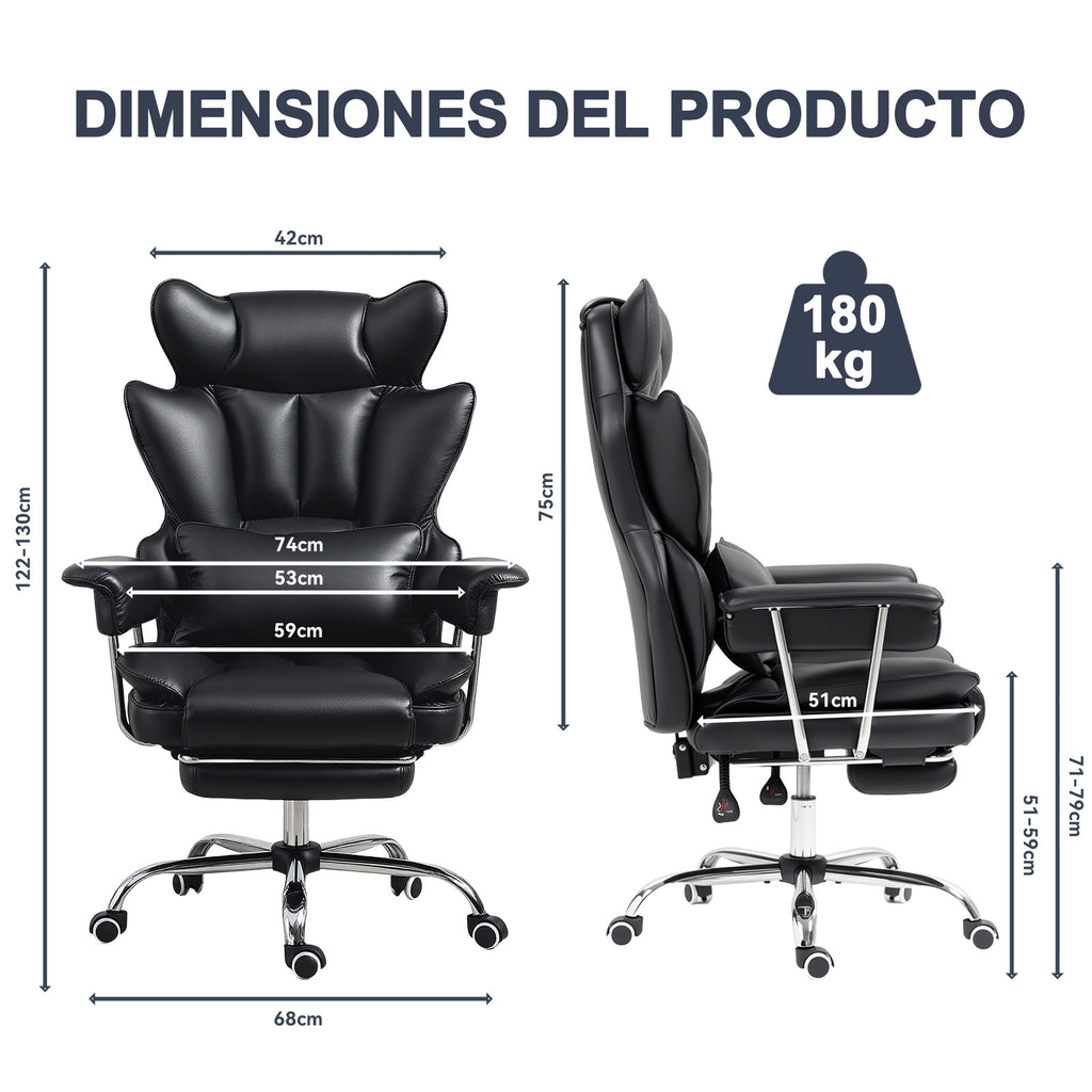 Silla ejecutiva para Oficina con reposapiés Cuero Premium Negro | Inclinación 135°,Gira 360°, soporta hasta 150 kg y está fabricado en cuero sintético resistente y fácil de limpiar