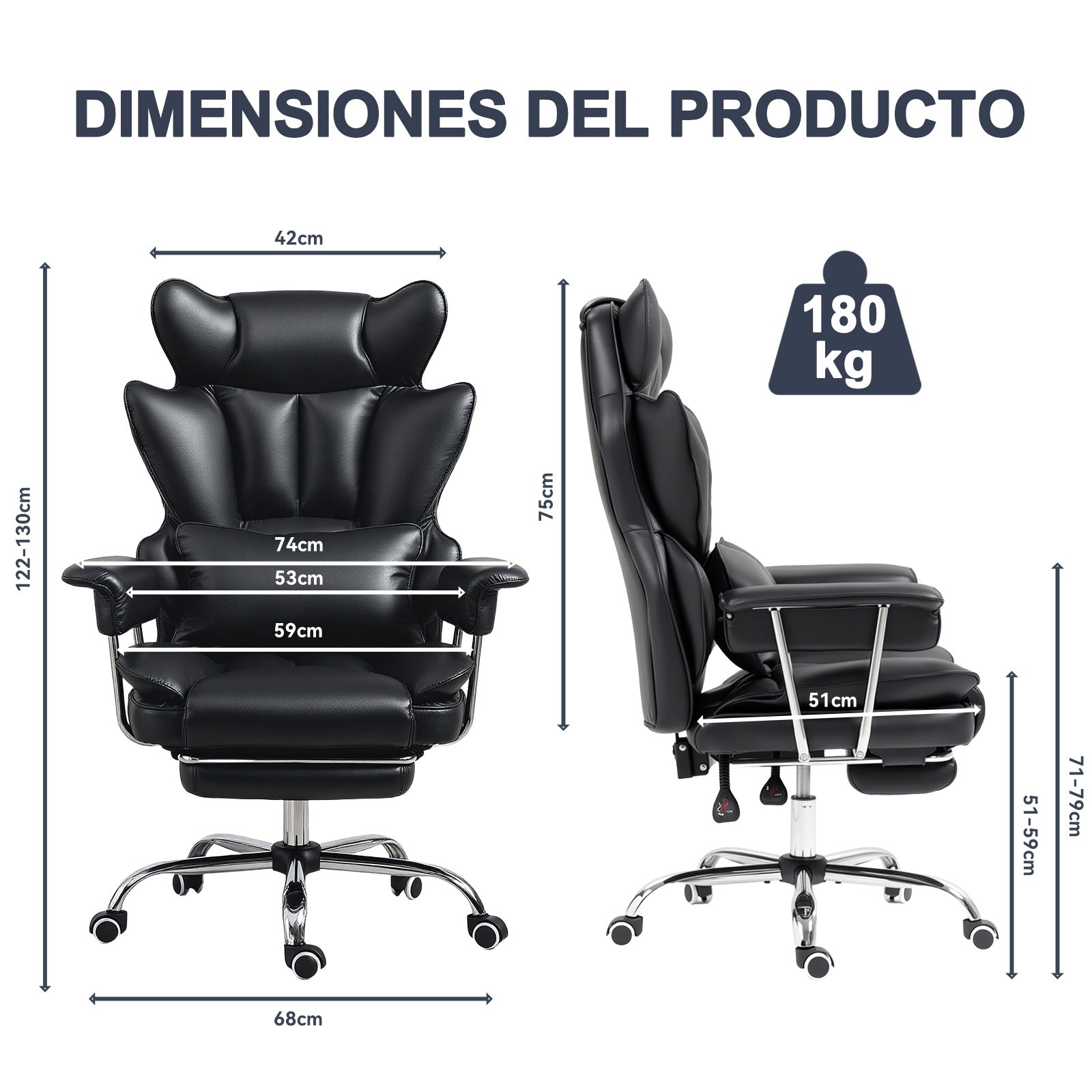Silla ejecutiva para Oficina con reposapiés Cuero Premium Negro | Inclinación 135°,Gira 360°, soporta hasta 150 kg y está fabricado en cuero sintético resistente y fácil de limpiar