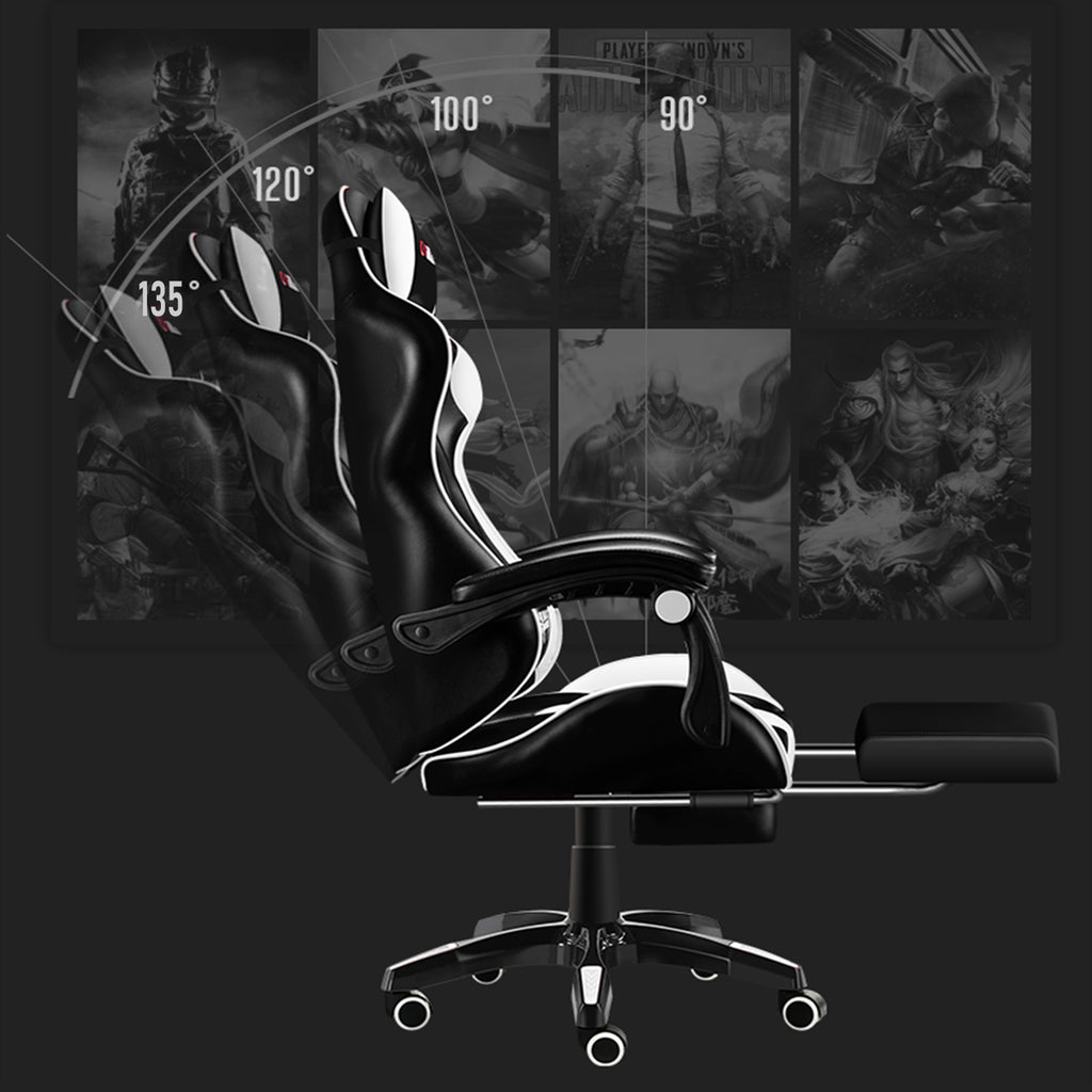 VIDITA | Silla de juego en blanco y negro con pedal telescópico y soporte lumbar, sillón ergonómico ajustable con reposapiés y cojín cervical y espalda lumbar regulables, con asiento cómodo ideal para el uso frente a la computadora.