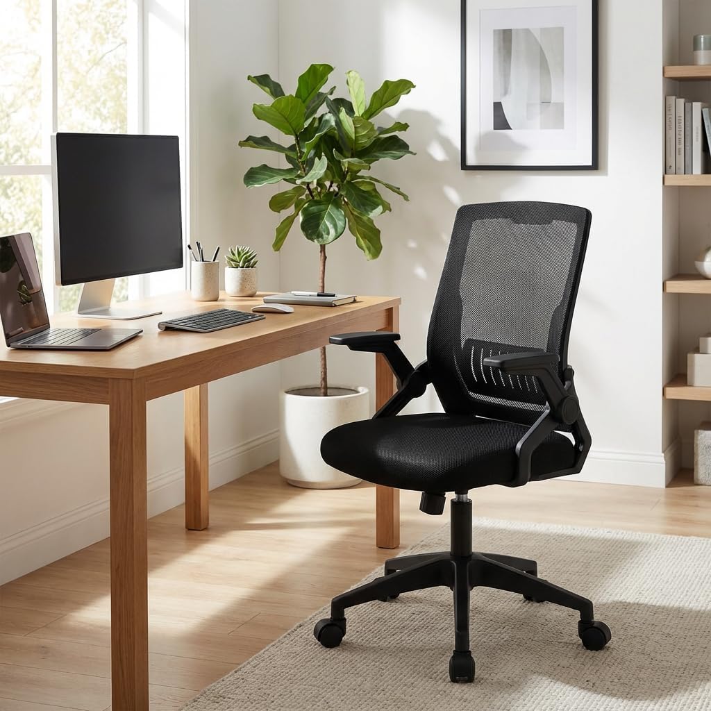 VIDITA|Silla ergonómica de oficina con tela de malla transpirable negra, estructura resistente, altura ajustable, giro de 360°, ruedas de PU silenciosas y disponible en varios colores.