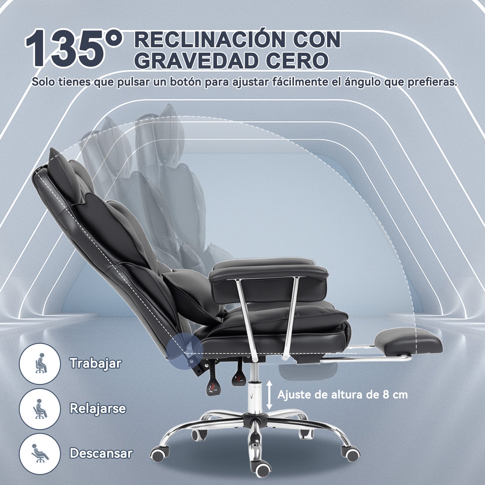 Silla ejecutiva para Oficina con reposapiés Cuero Premium Negro | Inclinación 135°,Gira 360°, soporta hasta 150 kg y está fabricado en cuero sintético resistente y fácil de limpiar