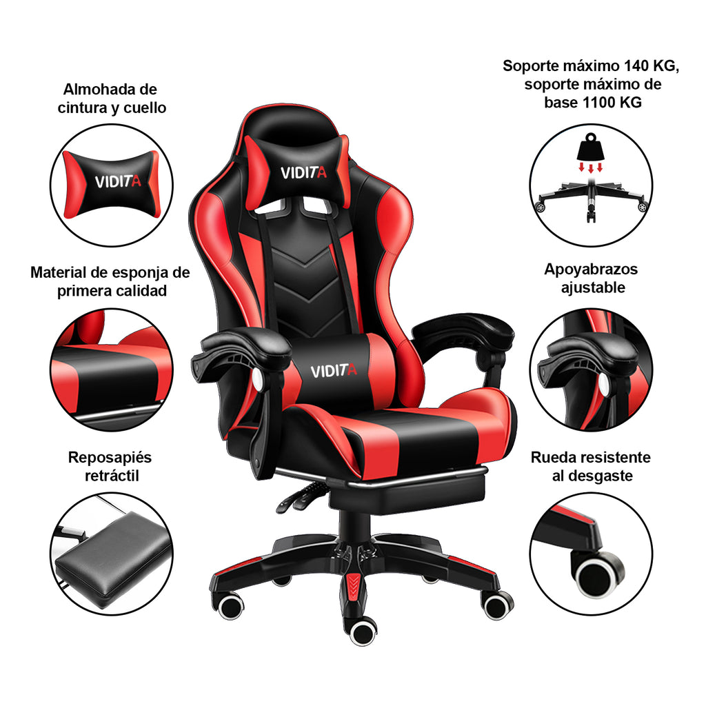 VIDITA | Silla ergonómica ajustable para juegos, con soporte lumbar, soporte de piernas y respaldo, manijas interconectadas, inclinación máxima de 135 grados en posición supina, adecuada para oficinas y juegos.