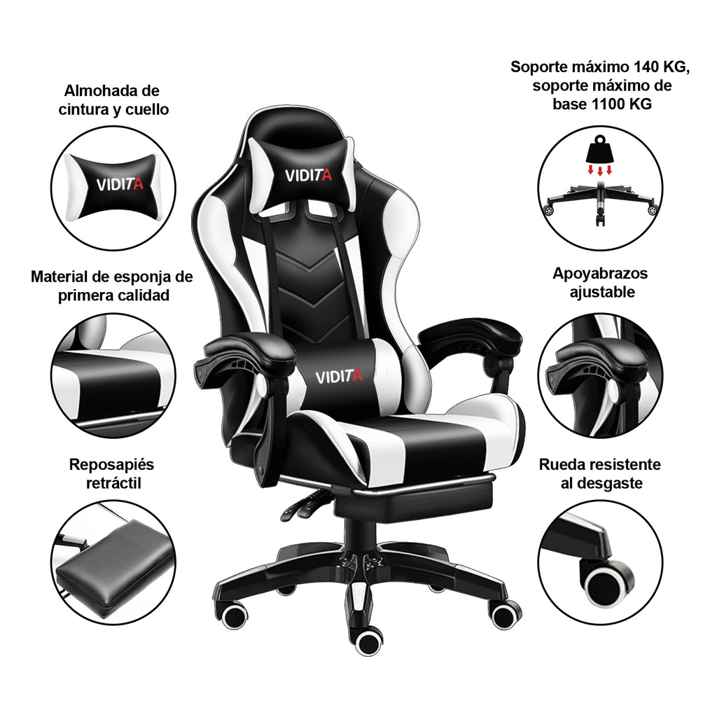 VIDITA | Silla de juego en blanco y negro con pedal telescópico y soporte lumbar, sillón ergonómico ajustable con reposapiés y cojín cervical y espalda lumbar regulables, con asiento cómodo ideal para el uso frente a la computadora.