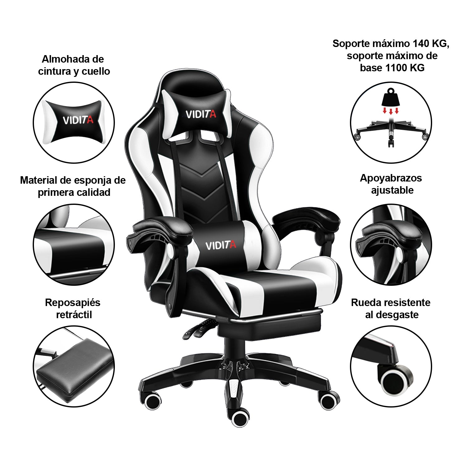VIDITA | Silla de juego en blanco y negro con pedal telescópico y soporte lumbar, sillón ergonómico ajustable con reposapiés y cojín cervical y espalda lumbar regulables, con asiento cómodo ideal para el uso frente a la computadora.