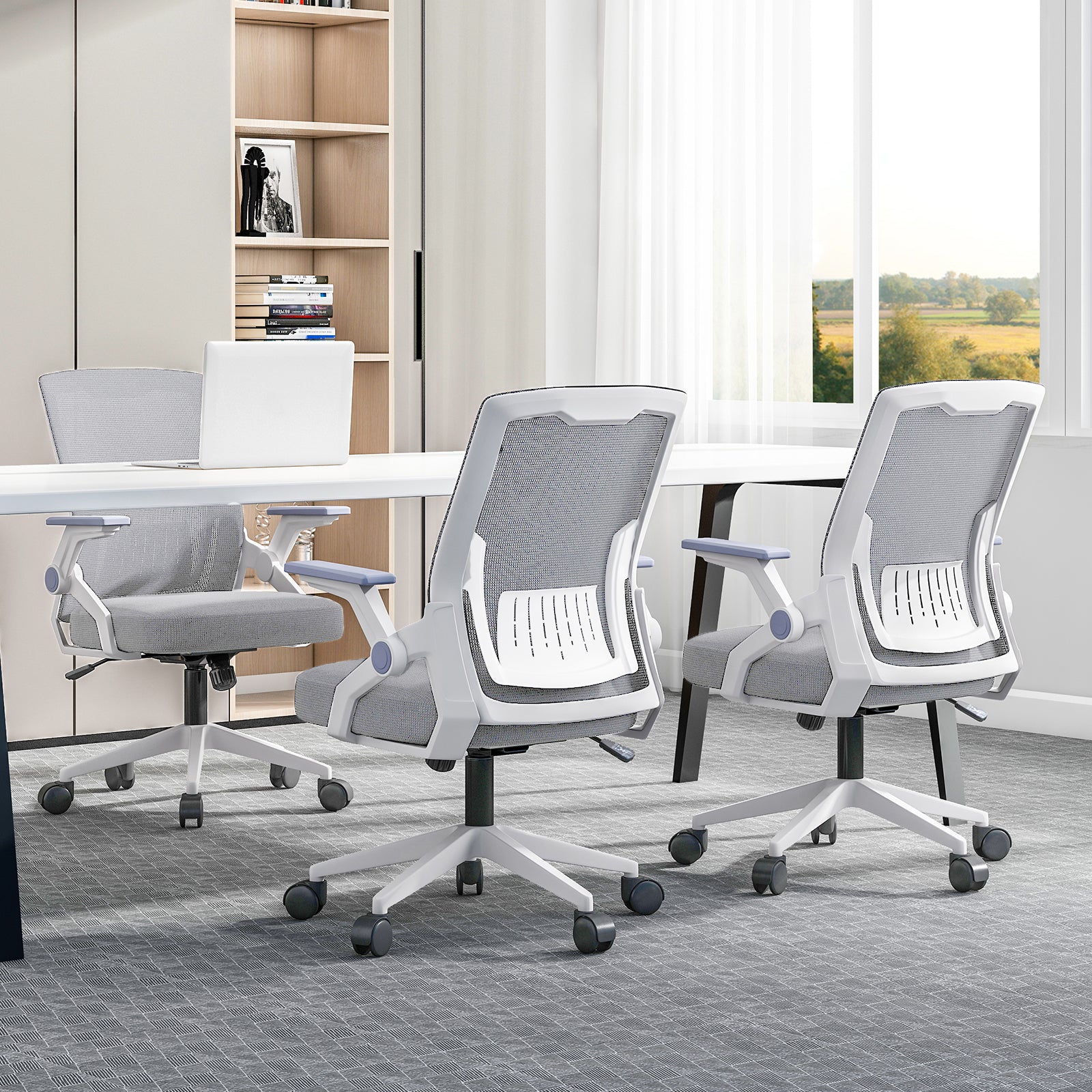 Silla de Oficina Ergonómica de Malla Transpirable, Silla de Escritorio Ajustable con Reposabrazos para Home Office, Color Gris
