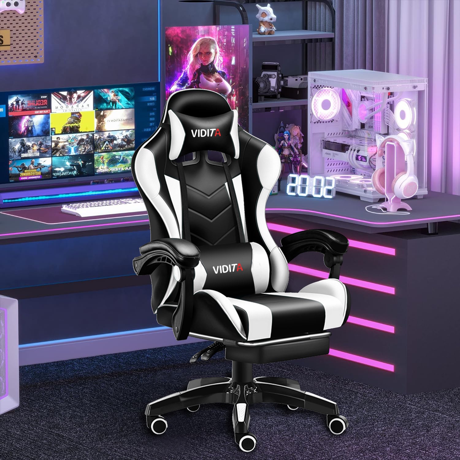 VIDITA | Silla de juego en blanco y negro con pedal telescópico y soporte lumbar, sillón ergonómico ajustable con reposapiés y cojín cervical y espalda lumbar regulables, con asiento cómodo ideal para el uso frente a la computadora.
