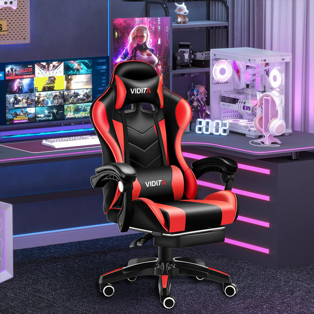 VIDITA | Silla ergonómica ajustable para juegos, con soporte lumbar, soporte de piernas y respaldo, manijas interconectadas, inclinación máxima de 135 grados en posición supina, adecuada para oficinas y juegos.