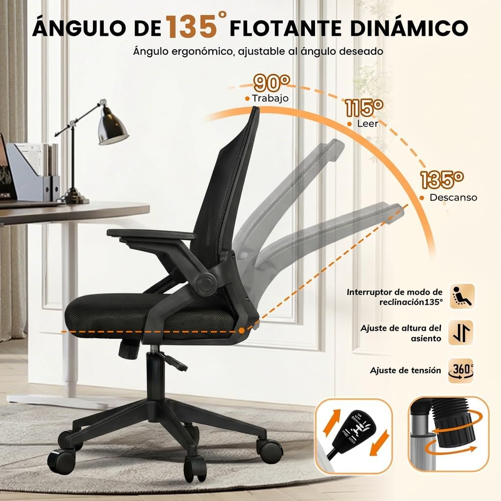 VIDITA|Silla ergonómica de oficina con tela de malla transpirable negra, estructura resistente, altura ajustable, giro de 360°, ruedas de PU silenciosas y disponible en varios colores.