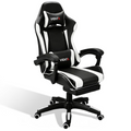 VIDITA | Silla de juego en blanco y negro con pedal telescópico y soporte lumbar, sillón ergonómico ajustable con reposapiés y cojín cervical y espalda lumbar regulables, con asiento cómodo ideal para el uso frente a la computadora.