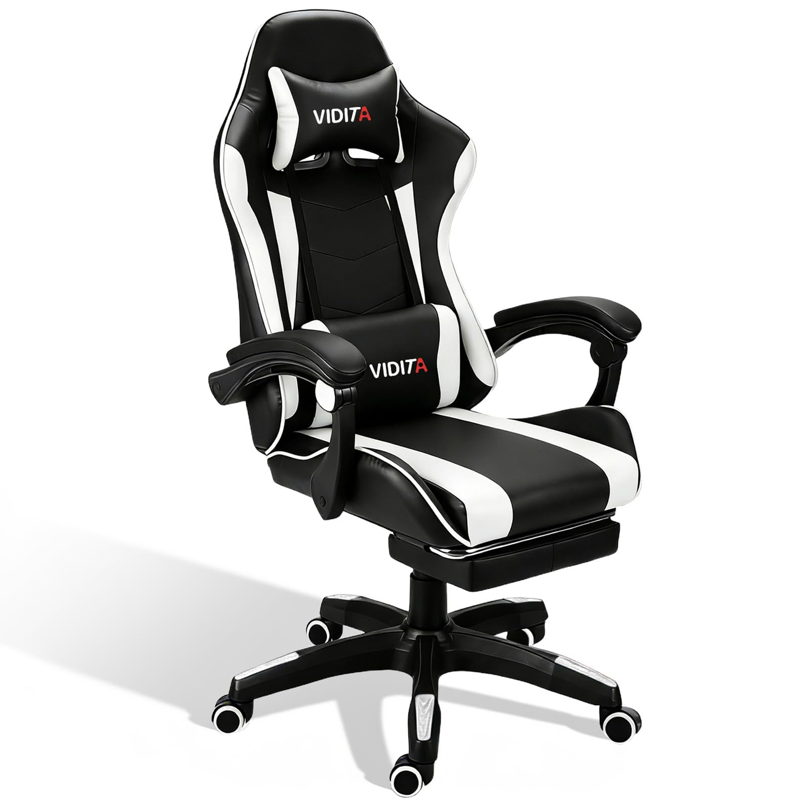 VIDITA | Silla de juego en blanco y negro con pedal telescópico y soporte lumbar, sillón ergonómico ajustable con reposapiés y cojín cervical y espalda lumbar regulables, con asiento cómodo ideal para el uso frente a la computadora.