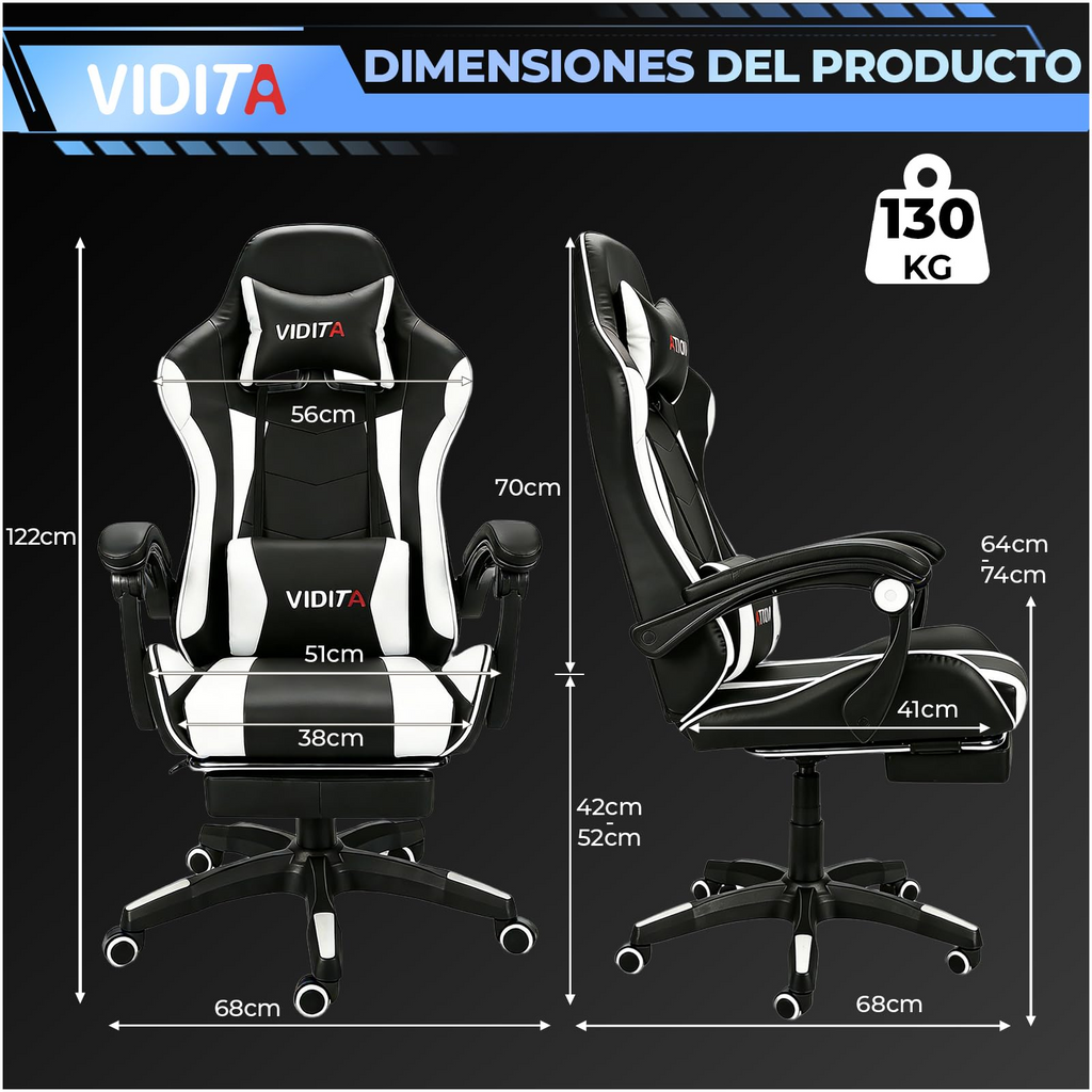 VIDITA | Silla de juego en blanco y negro con pedal telescópico y soporte lumbar, sillón ergonómico ajustable con reposapiés y cojín cervical y espalda lumbar regulables, con asiento cómodo ideal para el uso frente a la computadora.