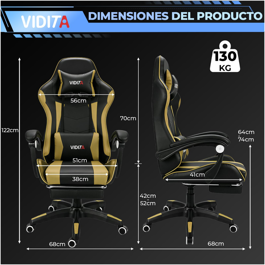 VIDITA | Silla Ergonómica Gaming Regulable Reclinable hasta 135°, Soporte Lumbar, Reposapiés Extensible, Apoyabrazos Resistentes, Silla Giratoria Ideal para Oficina, Teletrabajo y Videojuegos en Casa