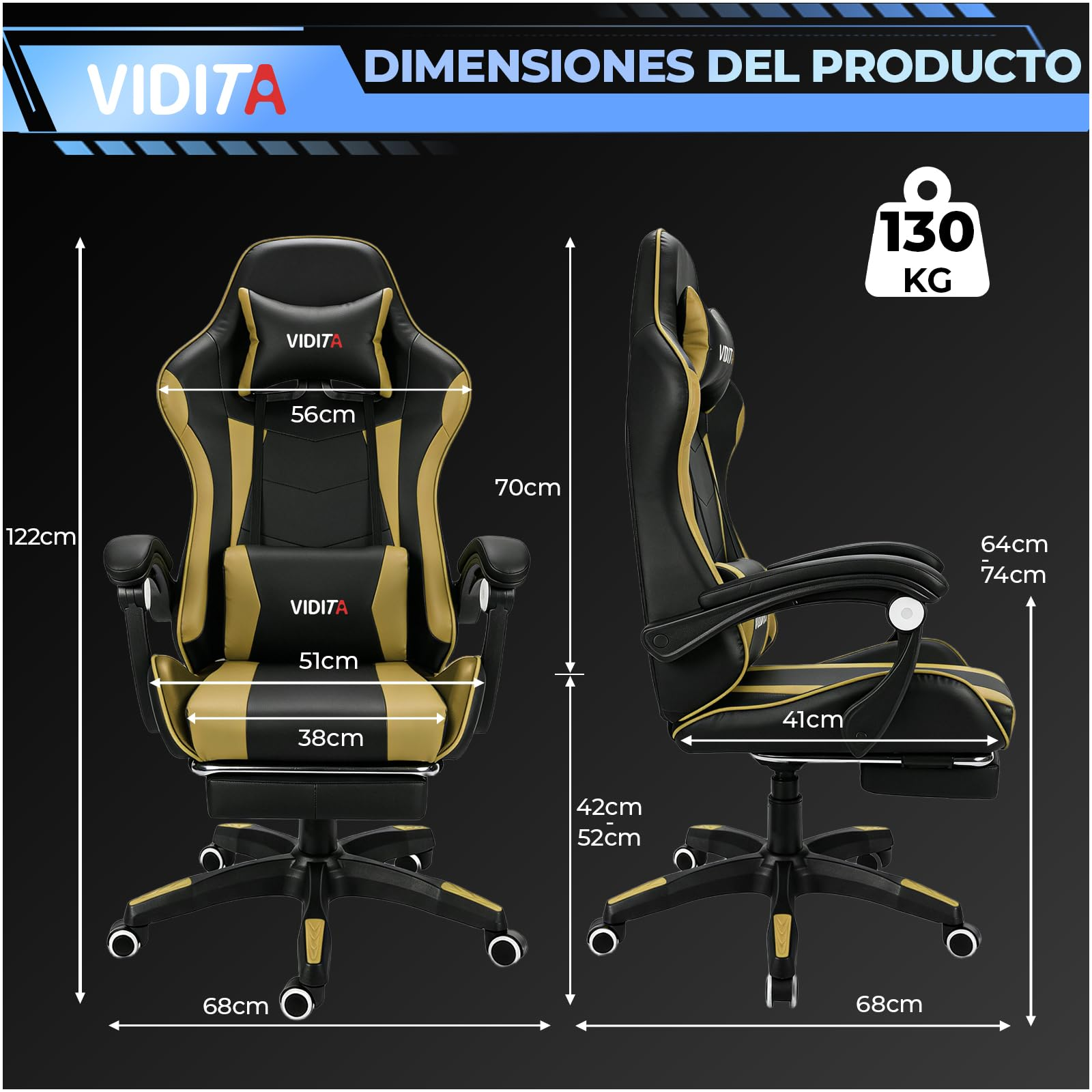 VIDITA | Silla Ergonómica Gaming Regulable Reclinable hasta 135°, Soporte Lumbar, Reposapiés Extensible, Apoyabrazos Resistentes, Silla Giratoria Ideal para Oficina, Teletrabajo y Videojuegos en Casa