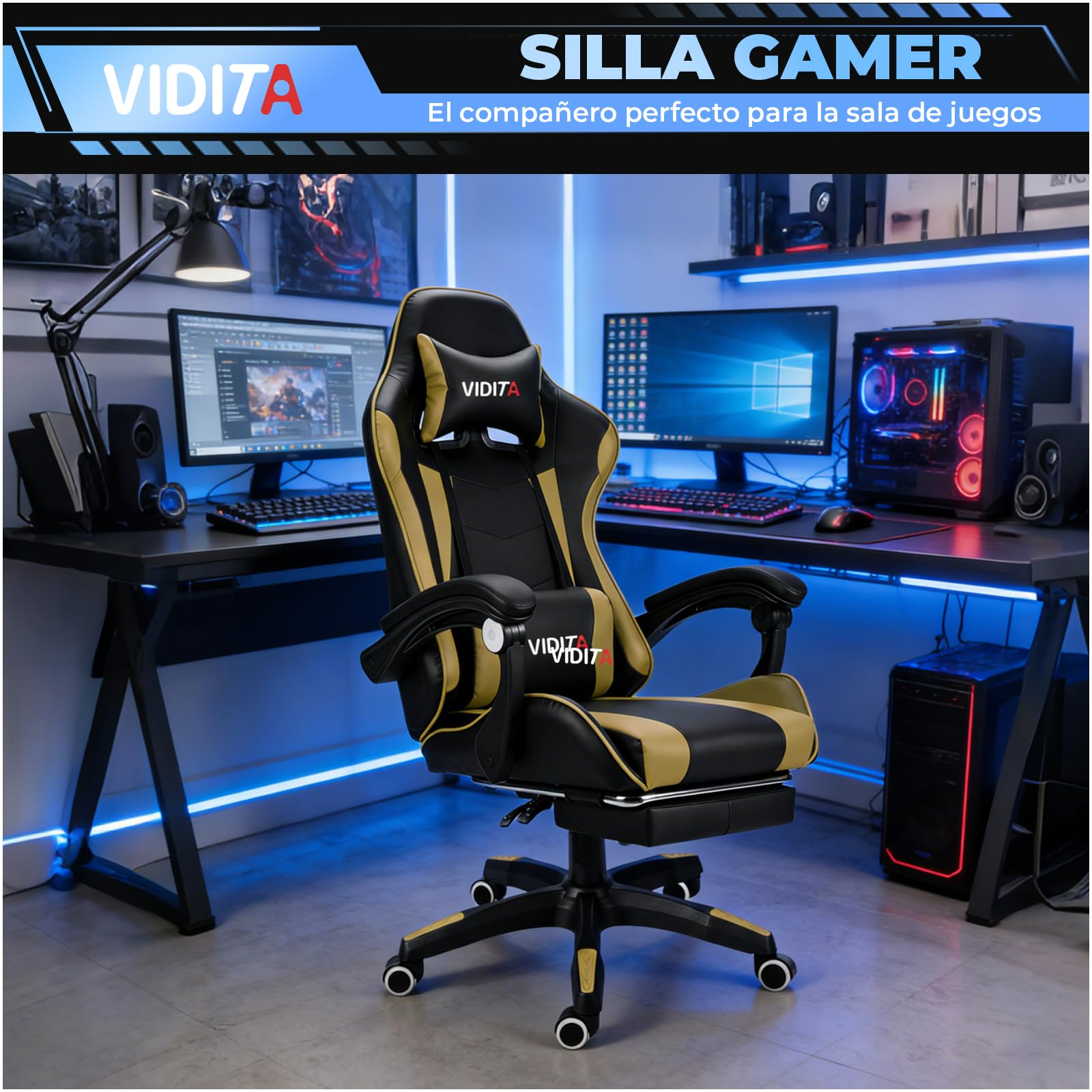 VIDITA | Silla Ergonómica Gaming Regulable Reclinable hasta 135°, Soporte Lumbar, Reposapiés Extensible, Apoyabrazos Resistentes, Silla Giratoria Ideal para Oficina, Teletrabajo y Videojuegos en Casa