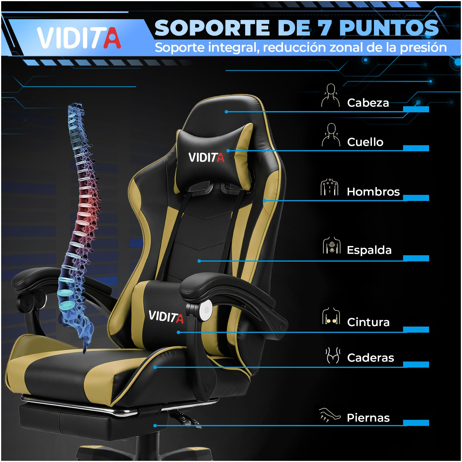 VIDITA | Silla Ergonómica Gaming Regulable Reclinable hasta 135°, Soporte Lumbar, Reposapiés Extensible, Apoyabrazos Resistentes, Silla Giratoria Ideal para Oficina, Teletrabajo y Videojuegos en Casa