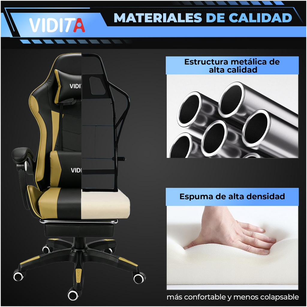 VIDITA | Silla Ergonómica Gaming Regulable Reclinable hasta 135°, Soporte Lumbar, Reposapiés Extensible, Apoyabrazos Resistentes, Silla Giratoria Ideal para Oficina, Teletrabajo y Videojuegos en Casa