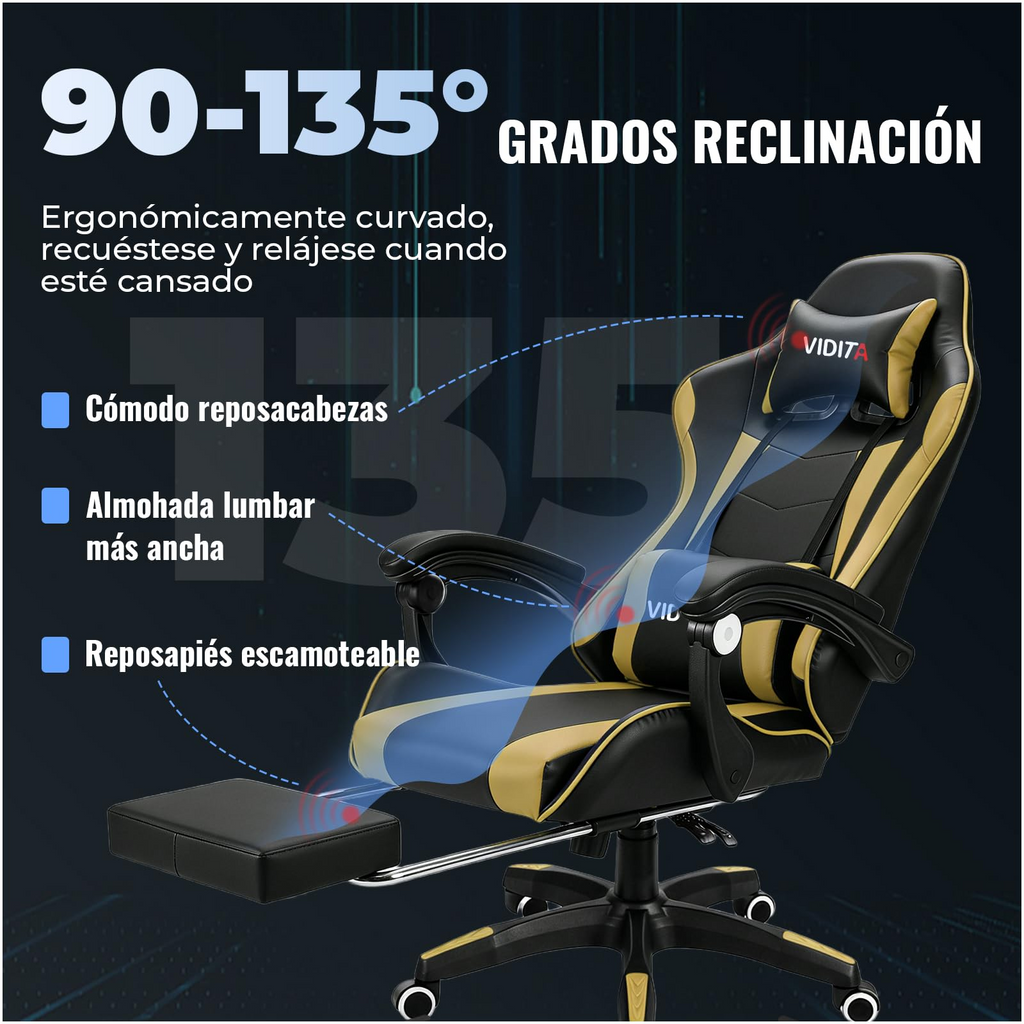 VIDITA | Silla Ergonómica Gaming Regulable Reclinable hasta 135°, Soporte Lumbar, Reposapiés Extensible, Apoyabrazos Resistentes, Silla Giratoria Ideal para Oficina, Teletrabajo y Videojuegos en Casa