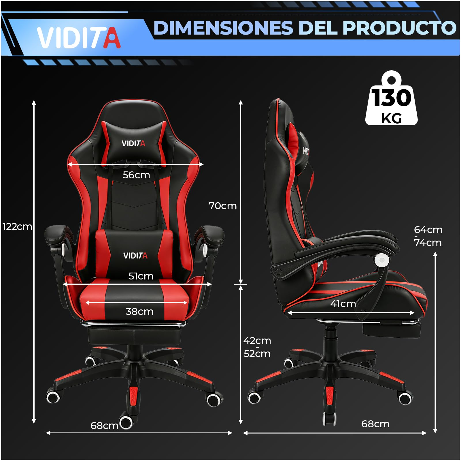 VIDITA | Silla ergonómica ajustable para juegos, con soporte lumbar, soporte de piernas y respaldo, manijas interconectadas, inclinación máxima de 135 grados en posición supina, adecuada para oficinas y juegos.