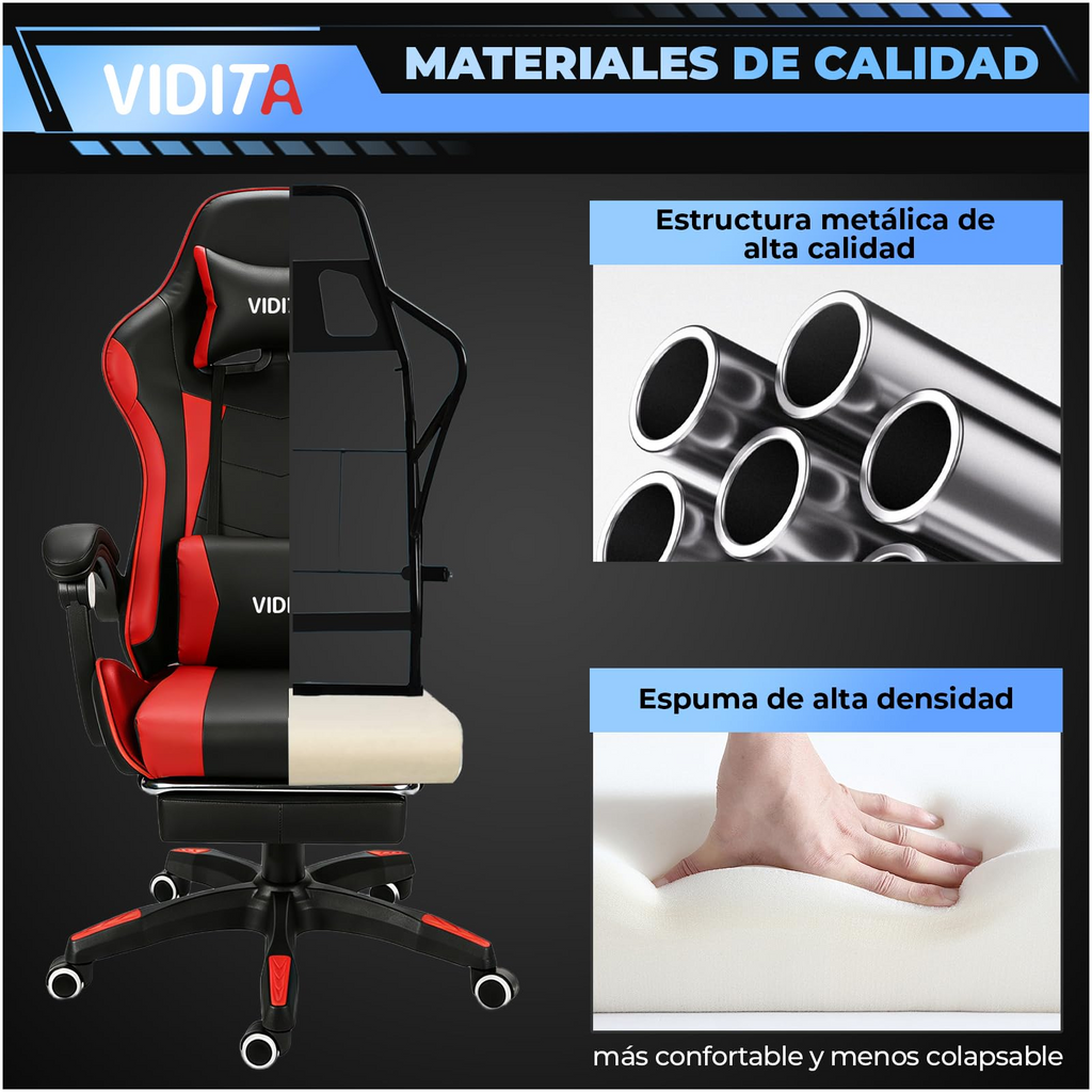 VIDITA | Silla ergonómica ajustable para juegos, con soporte lumbar, soporte de piernas y respaldo, manijas interconectadas, inclinación máxima de 135 grados en posición supina, adecuada para oficinas y juegos.