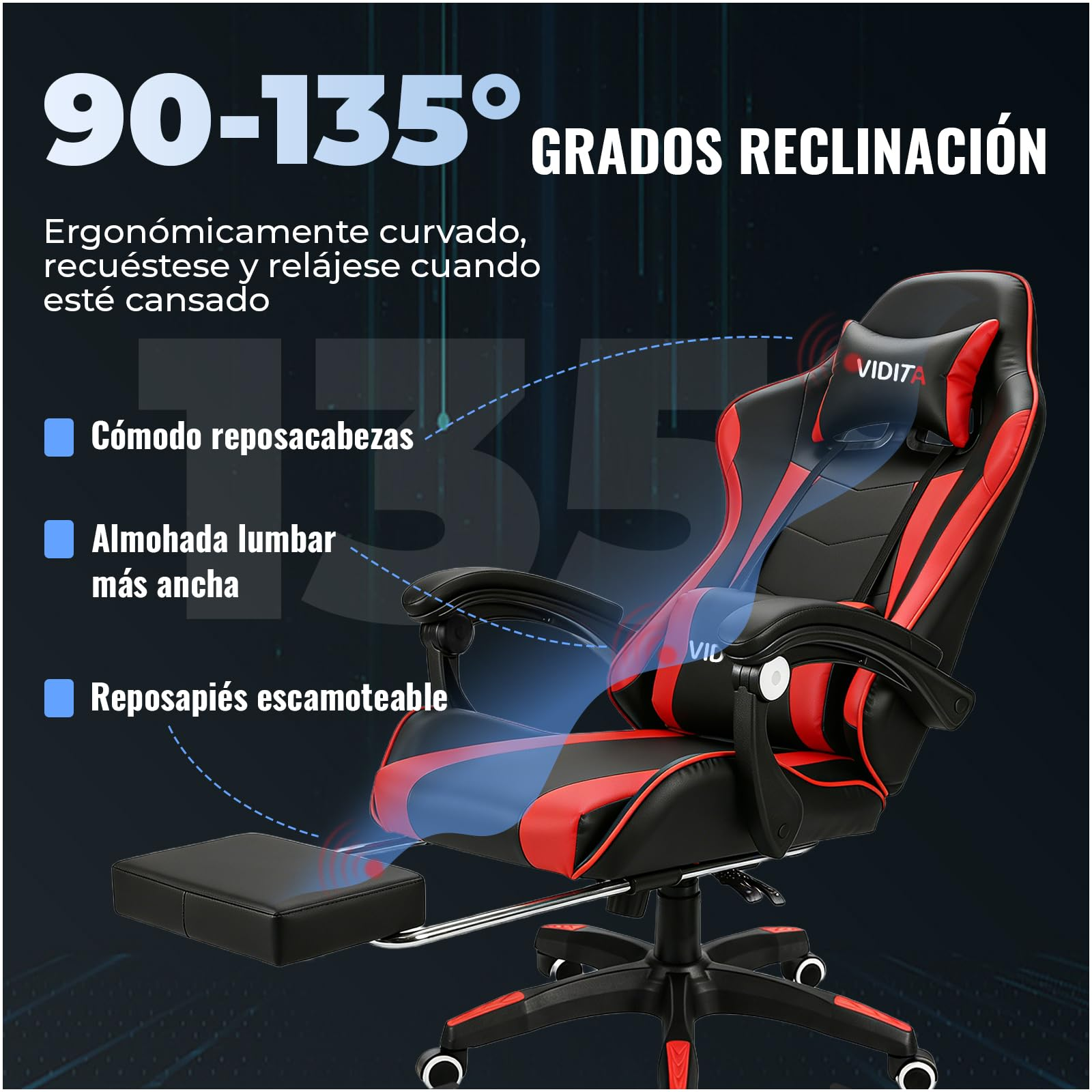 VIDITA | Silla ergonómica ajustable para juegos, con soporte lumbar, soporte de piernas y respaldo, manijas interconectadas, inclinación máxima de 135 grados en posición supina, adecuada para oficinas y juegos.